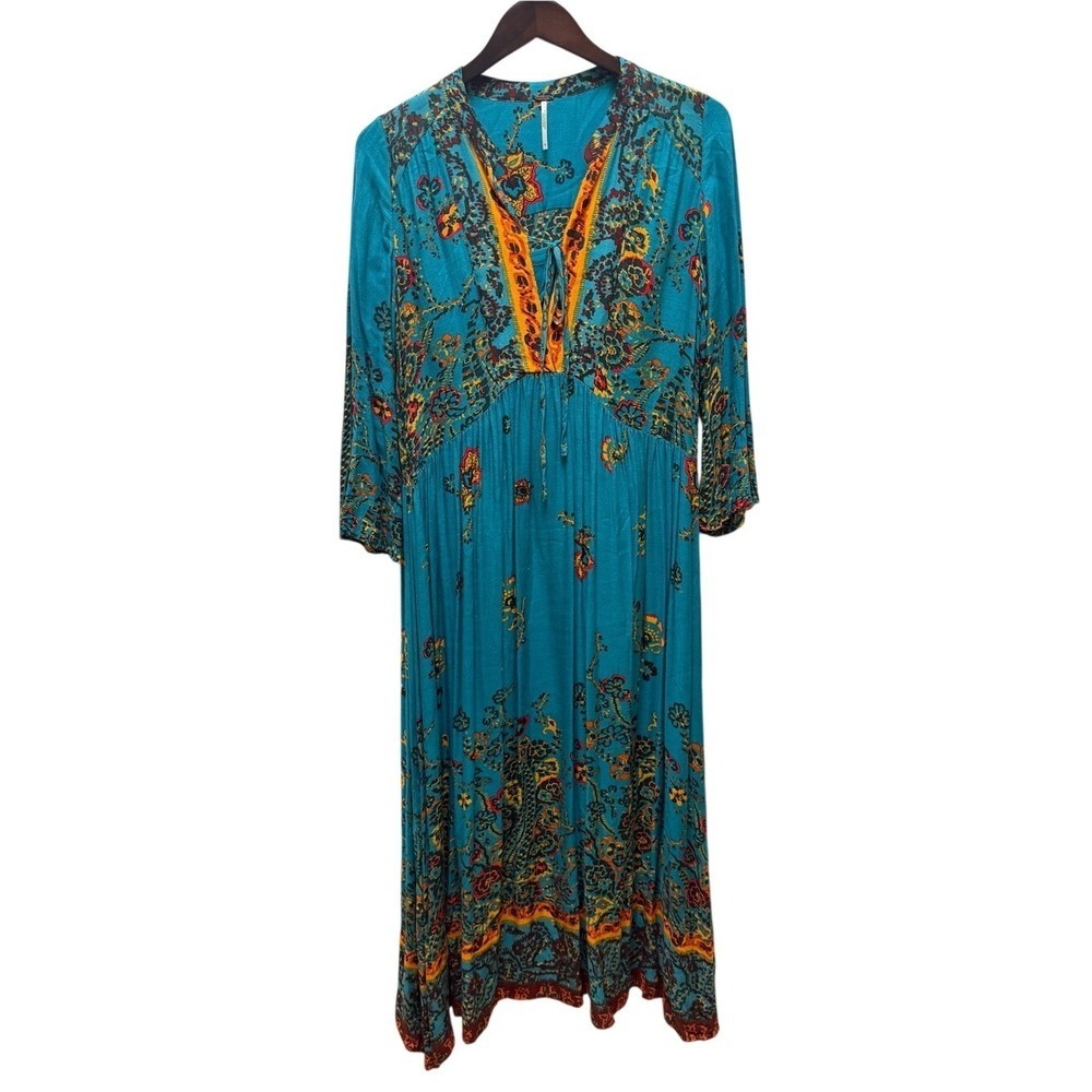 Free People If You Only Knew Blue Paisley Floral Boho‎ V-Neck Midi Dress Small